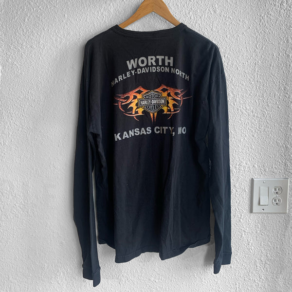 2000's Harley Davidson Long Sleeve Henley Worth North Kansas City MO Flame Logo Shirt XL